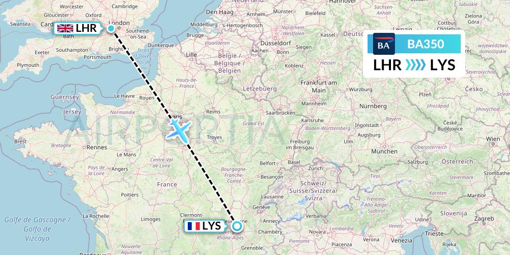 BA350 British Airways Flight Map: London to Lyon