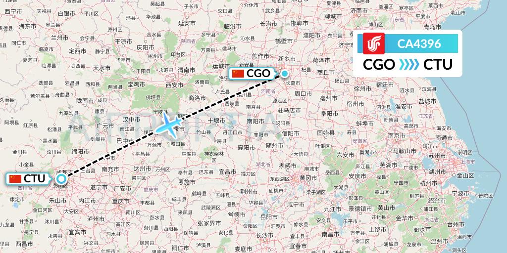 CA4396 Air China Flight Map: Zhengzhou to Chengdu