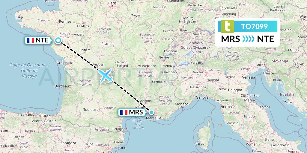 TO7099 Transavia France Flight Map: Marseille to Nantes