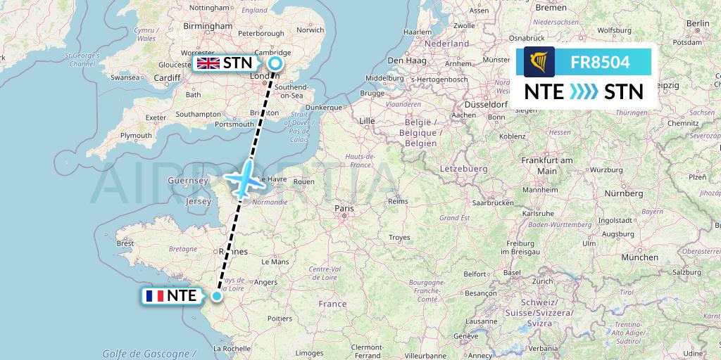 FR8504 Ryanair Flight Map: Nantes to London