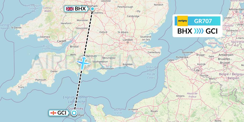 GR707 Aurigny Air Services Flight Map: Birmingham to Guernsey