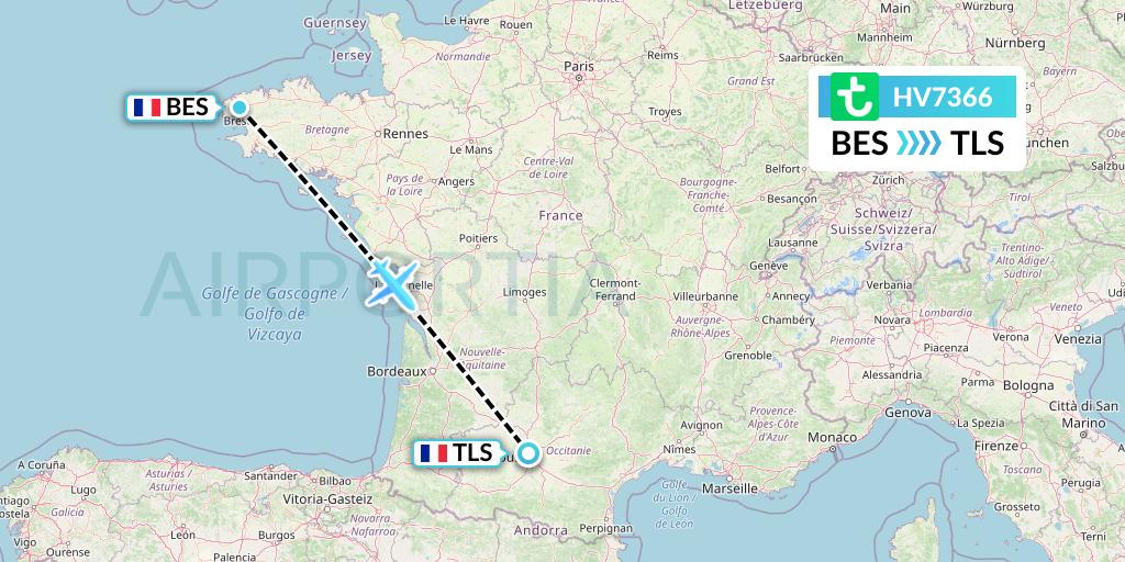 HV7366 Transavia Flight Map: Brest to Toulouse