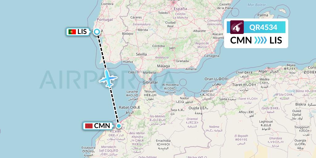 QR4534 Qatar Airways Flight Map: Casablanca to Lisbon