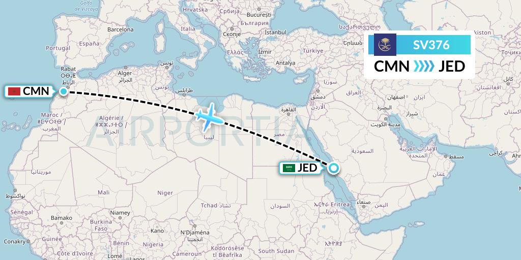 SV376 Saudi Arabian Airlines Flight Map: Casablanca to Jeddah