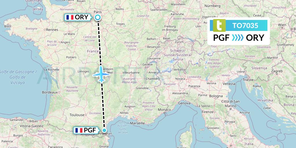 TO7035 Transavia France Flight Map: Perpignan to Paris
