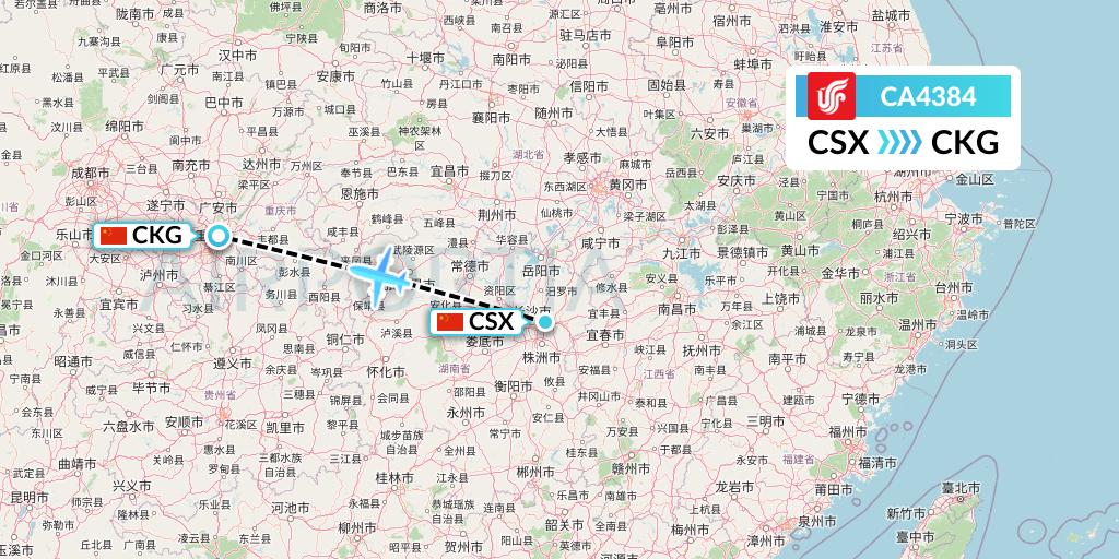 CA4384 Air China Flight Map: Changsha to Chongqing
