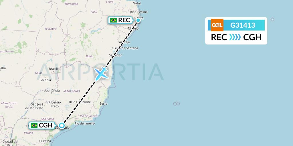 G31413 GOL Transportes Aeros Flight Map: Recife to Sao Paulo