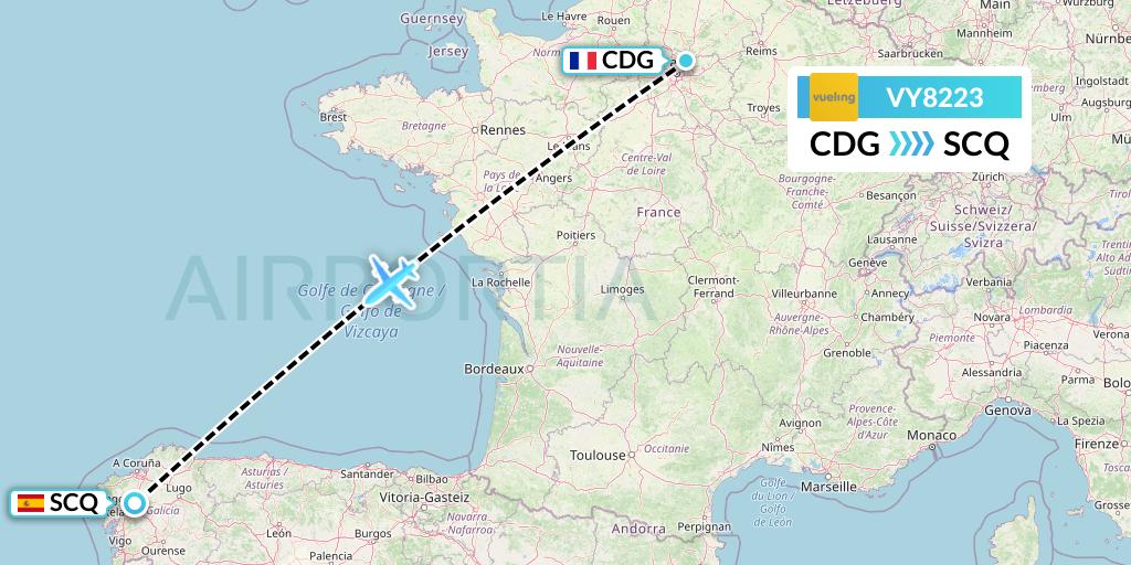 VY8223 Vueling Flight Map: Paris to Santiago