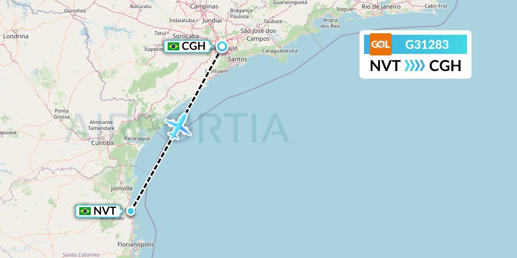 G31283 GOL Transportes Aeros Flight Map: Navegantes to Sao Paulo