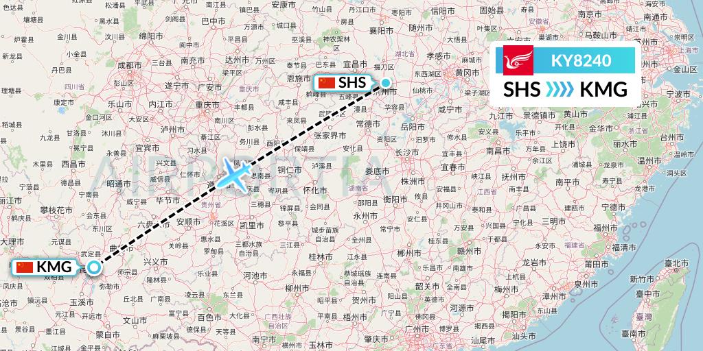 KY8240 Kunming Airlines Flight Map: Shashi to Kunming