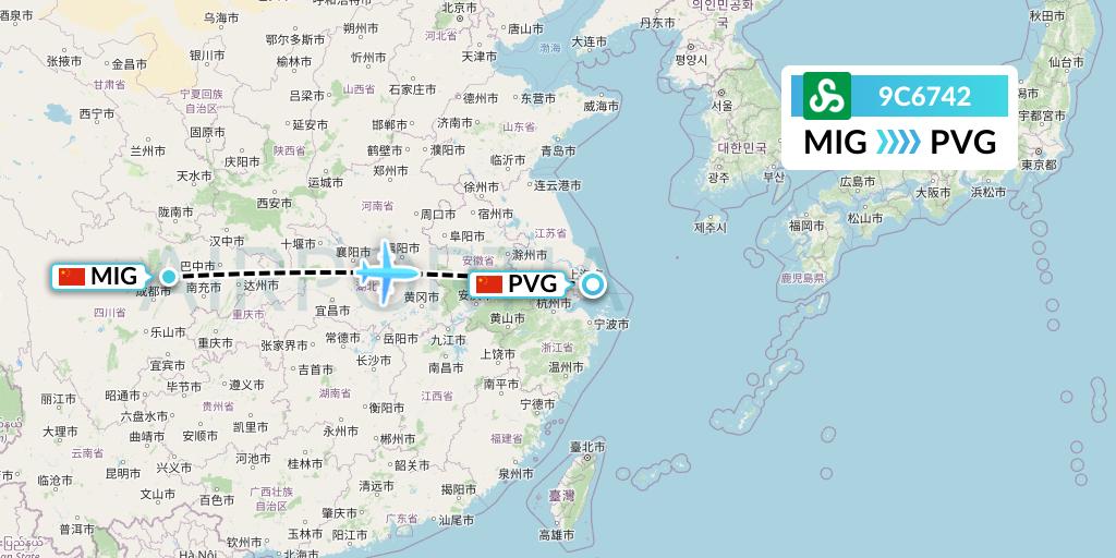 9C6742 Spring Airlines Flight Map: Mianyang to Shanghai