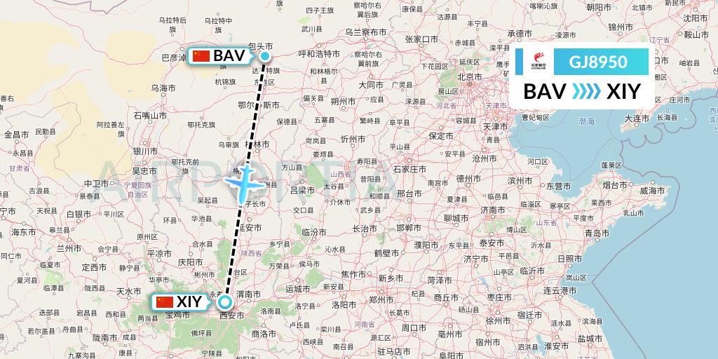 GJ8950 Loong Airlines Flight Map: Baotou to Xi'an