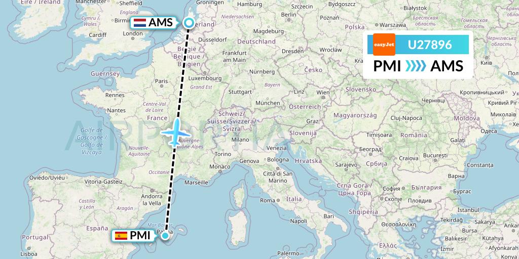 U27896 EasyJet Flight Map: Palma de Mallorca to Amsterdam
