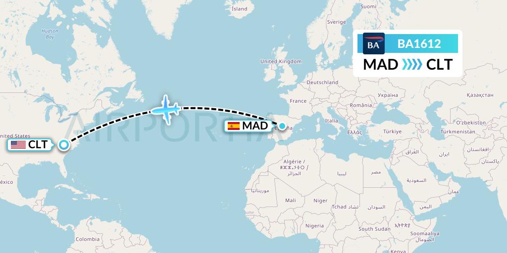 BA1612 British Airways Flight Map: Madrid to Charlotte