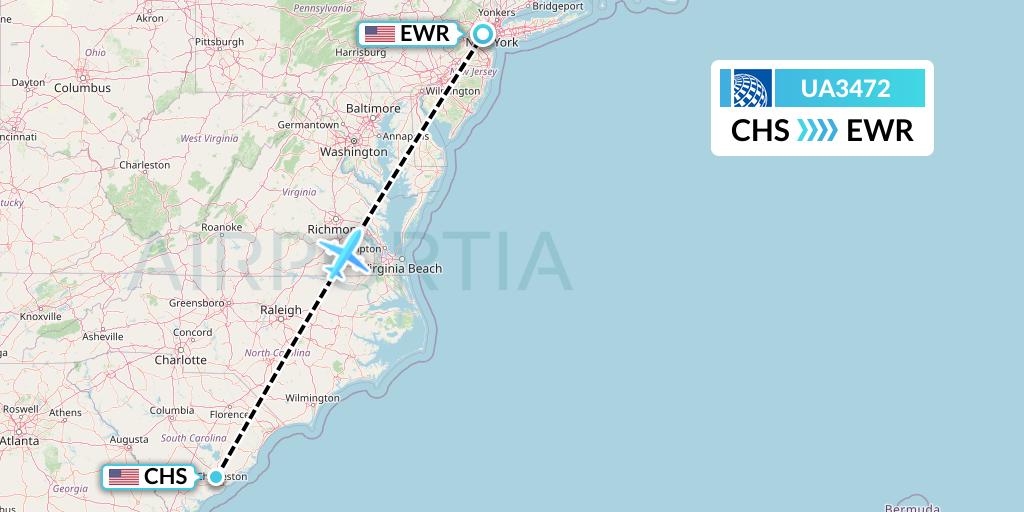 UA3472 United Airlines Flight Map: Charleston to New York