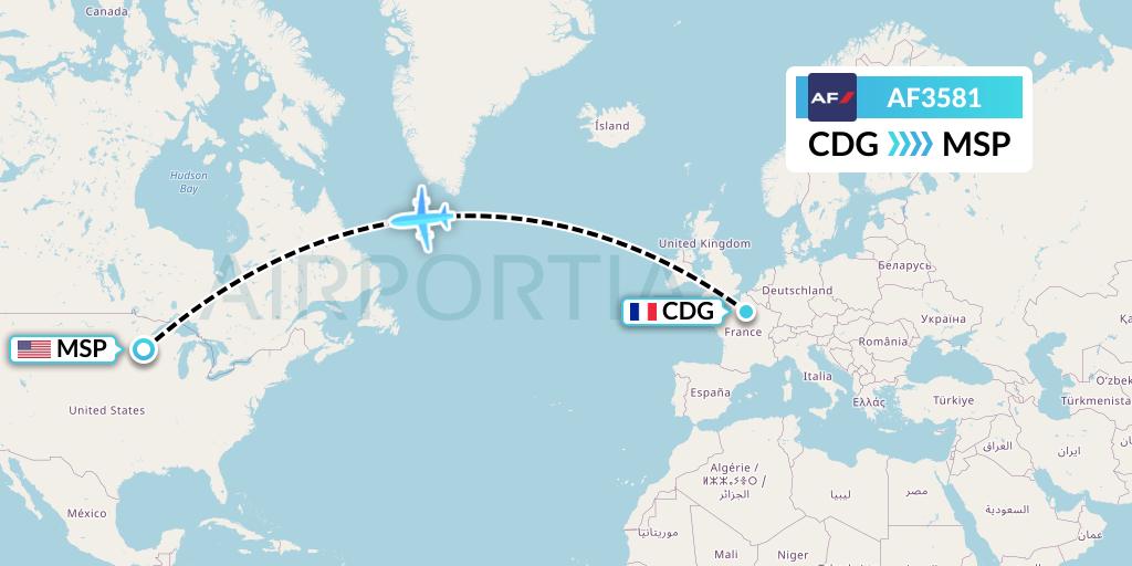 AF3581 Air France Flight Map: Paris to Minneapolis