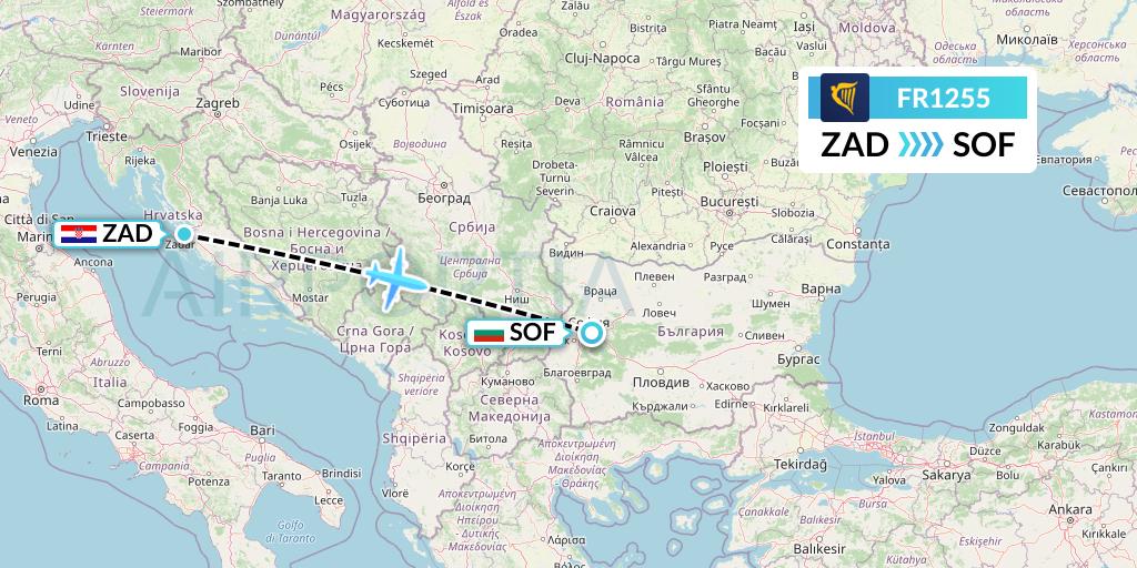 FR1255 Ryanair Flight Map: Zadar to Sofia