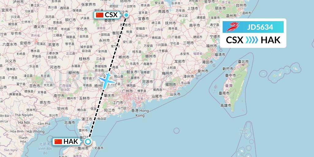 JD5634 Capital Airlines Flight Map: Changsha to Haikou