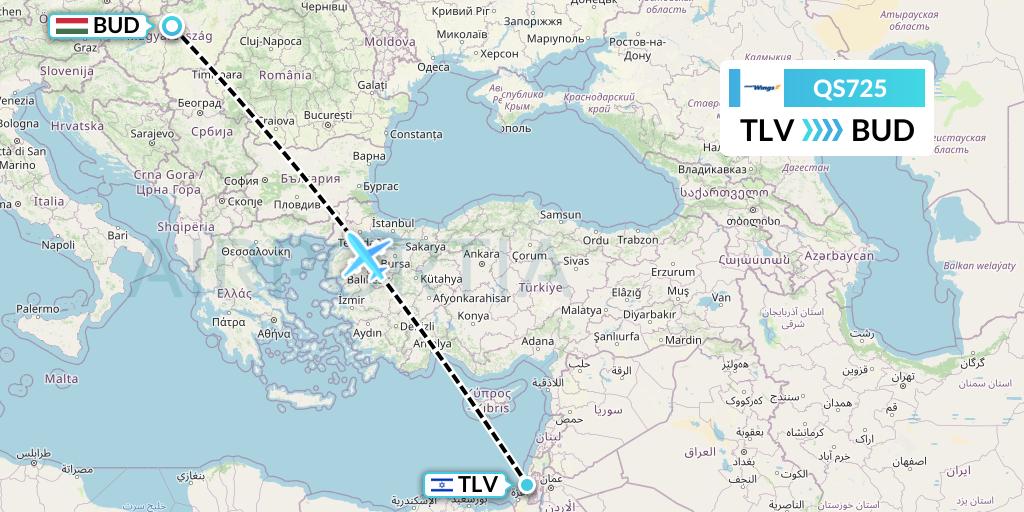 QS725 Smartwings Flight Map: Tel Aviv to Budapest
