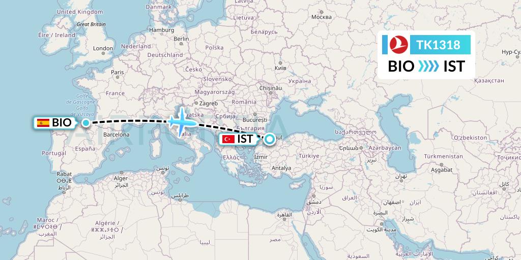 TK1318 Turkish Airlines Flight Map: Bilbao to Istanbul