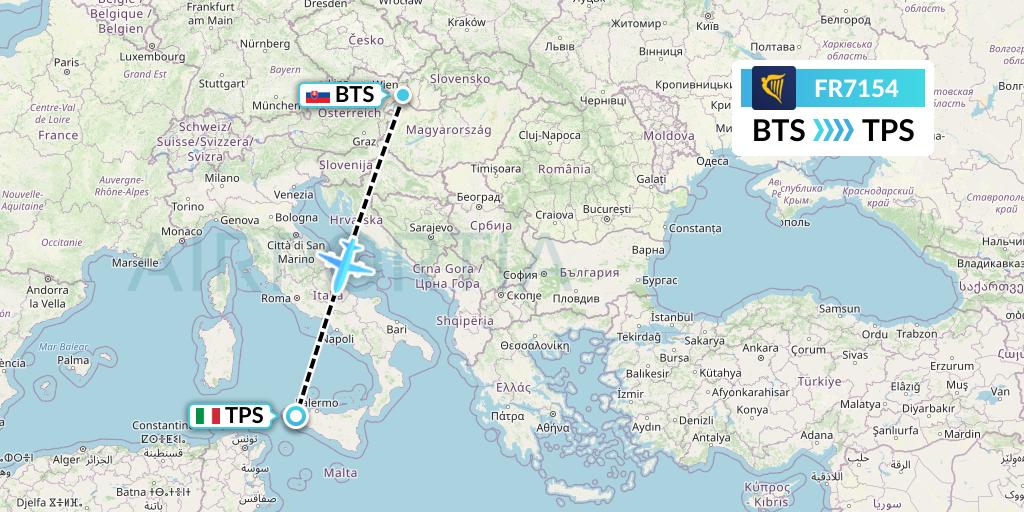 FR7154 Ryanair Flight Map: Bratislava to Trapani