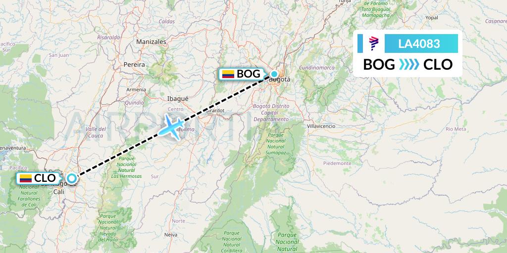 LA4083 LAN Airlines Flight Map: Bogota to Cali