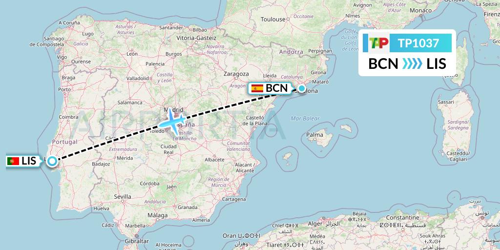 TP1037 TAP Portugal Flight Map: Barcelona to Lisbon