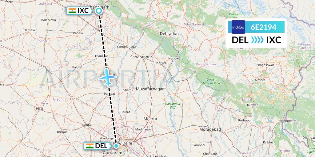 6E2194 IndiGo Airlines Flight Map: Delhi to Chandigarh