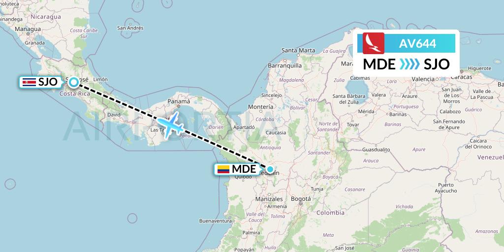 AV644 Avianca Flight Map: Medellin to San Jose