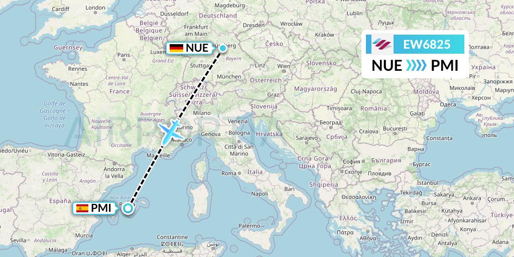 EW6825 Eurowings Flight Map: Nurnberg to Palma de Mallorca
