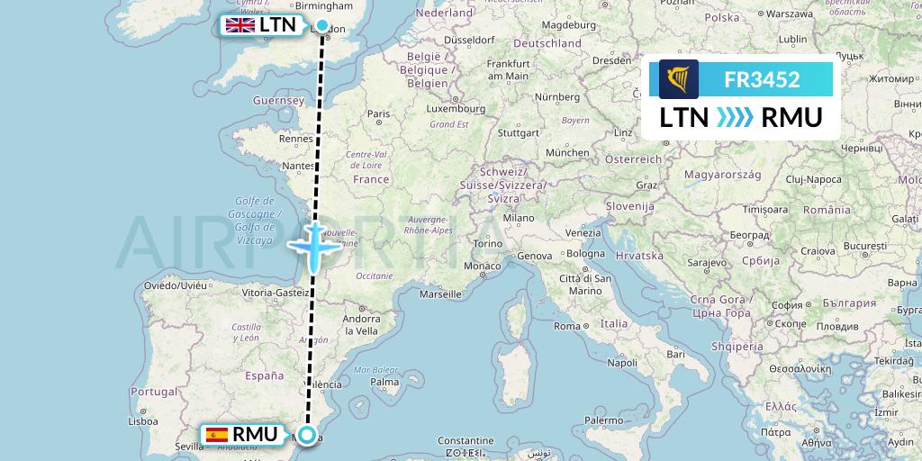 FR3452 Ryanair Flight Map: London to Murcia