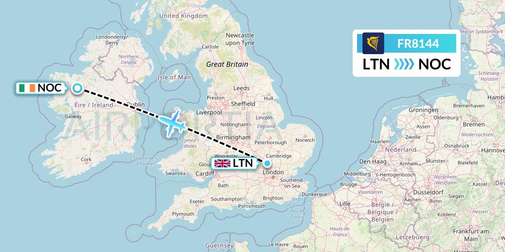 FR8144 Ryanair Flight Map: London to Knock