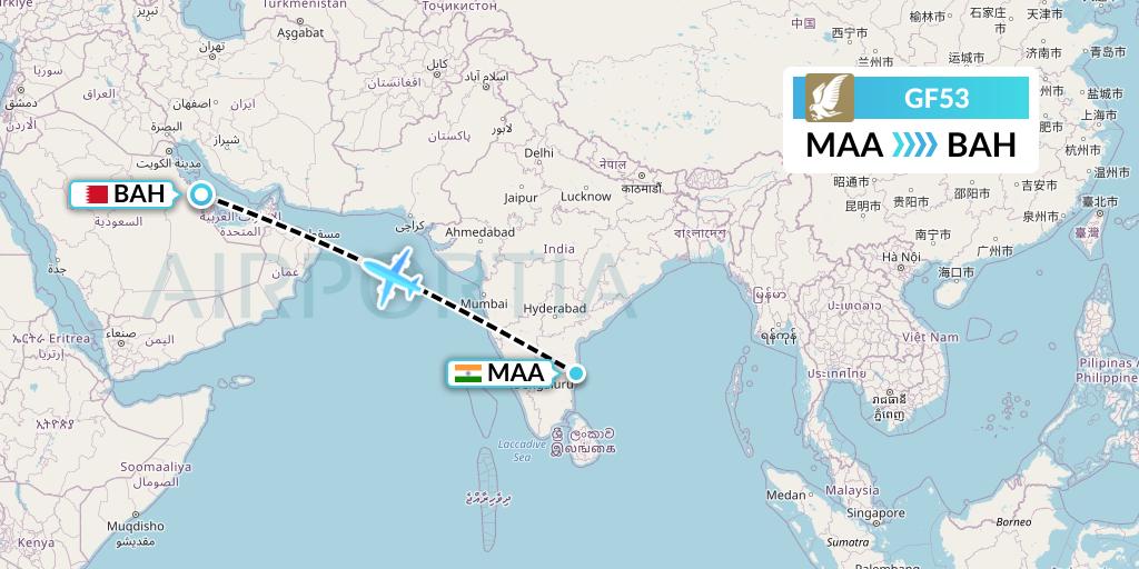 GF53 Gulf Air Flight Map: Chennai to Bahrain