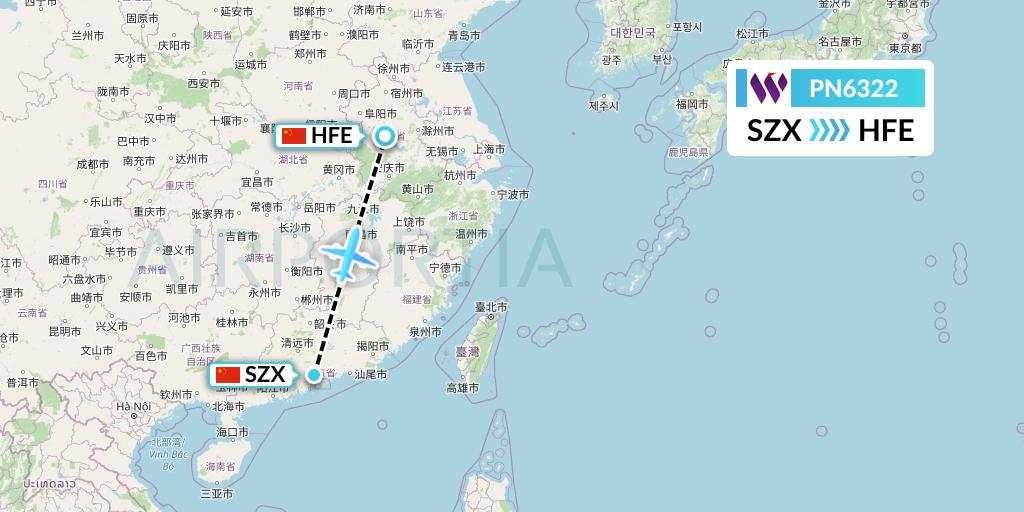 PN6322 China West Air Flight Map: Shenzhen to Hefei