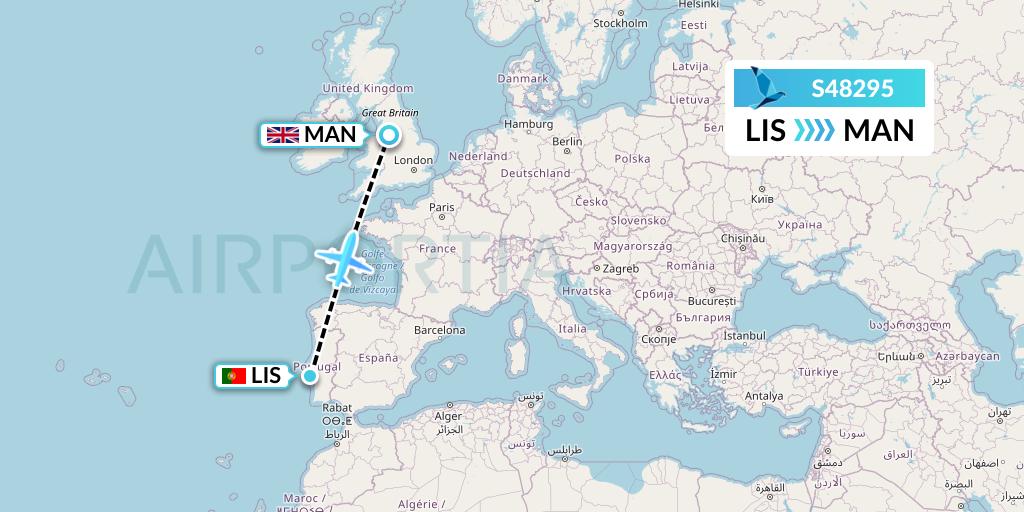 S48295 Azores Airlines Flight Map: Lisbon to Manchester
