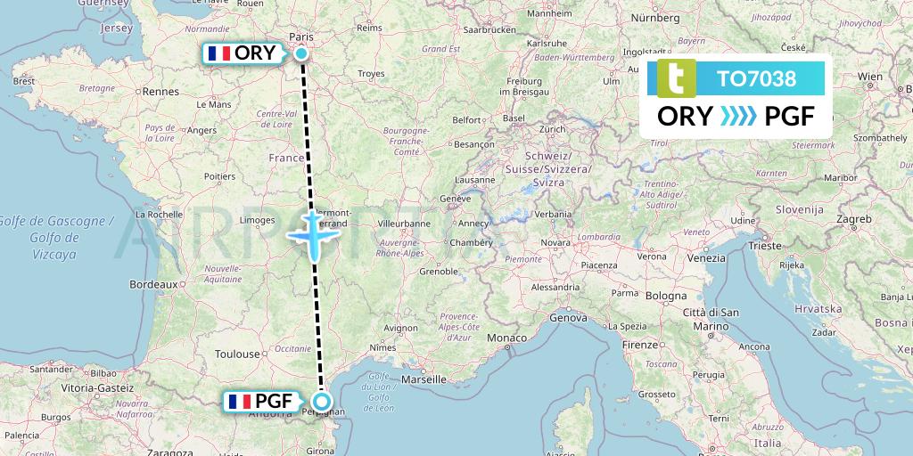 TO7038 Transavia France Flight Map: Paris to Perpignan