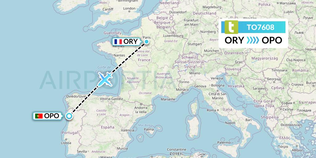 TO7608 Transavia France Flight Map: Paris to Porto