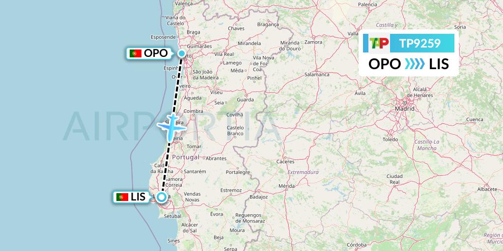 TP9259 TAP Portugal Flight Map: Porto to Lisbon