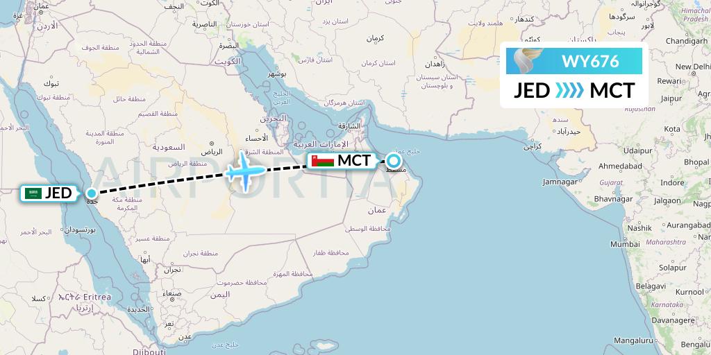 WY676 Oman Air Flight Map: Jeddah to Muscat