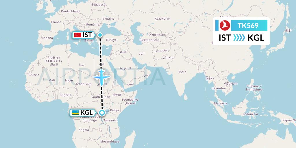 TK569 Turkish Airlines Flight Map: Istanbul to Kigali
