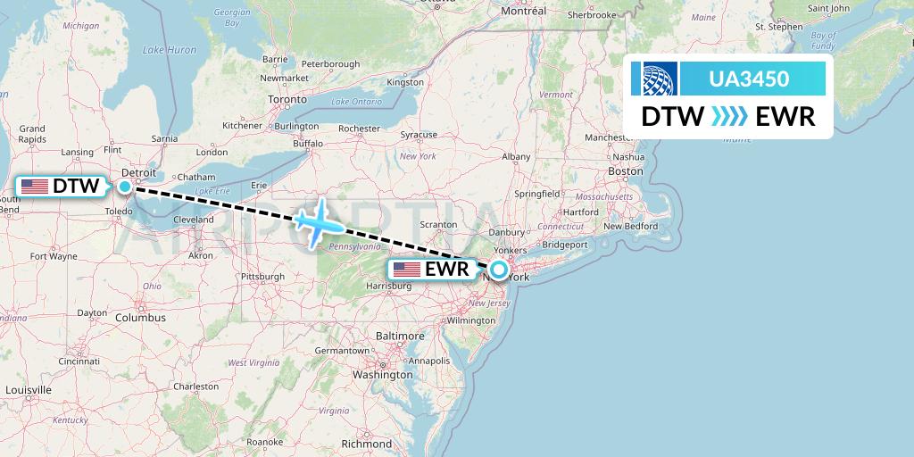 UA3450 United Airlines Flight Map: Detroit to New York