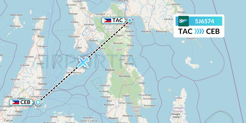 5J6574 CEBU Pacific Air Flight Map: Tacloban to Cebu