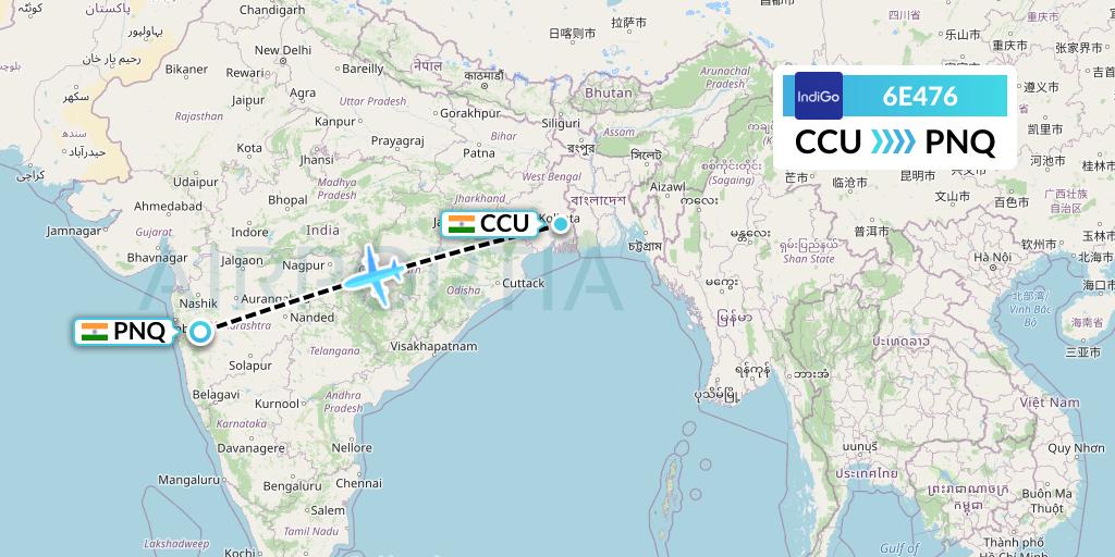 6E476 IndiGo Airlines Flight Map: Kolkata to Pune