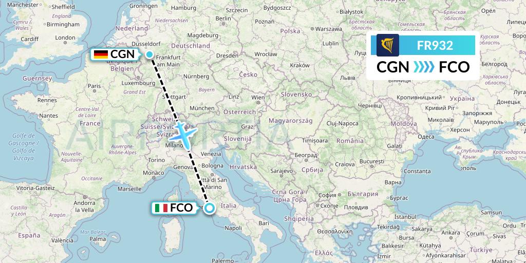 FR932 Ryanair Flight Map: Cologne to Rome