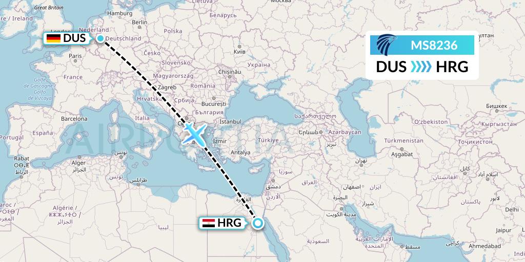 MS8236 EgyptAir Flight Map: Dusseldorf to Hurghada