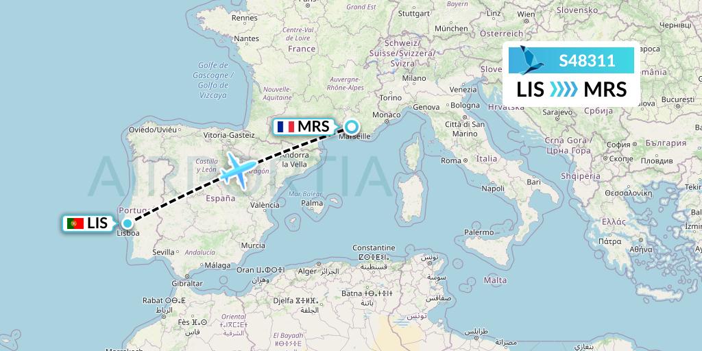 S48311 Azores Airlines Flight Map: Lisbon to Marseille