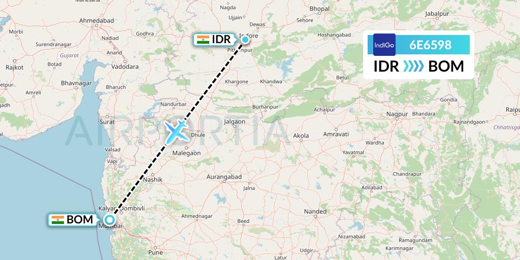 6E6598 IndiGo Airlines Flight Map: Indore to Mumbai