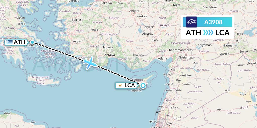 A3908 Aegean Airlines Flight Map: Athens to Larnaca