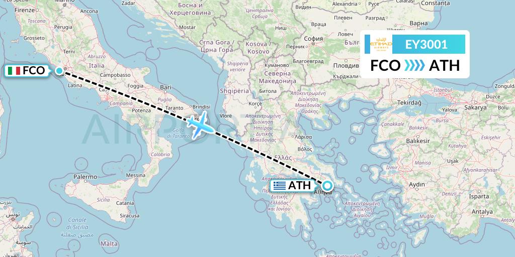 EY3001 Etihad Airways Flight Map: Rome to Athens