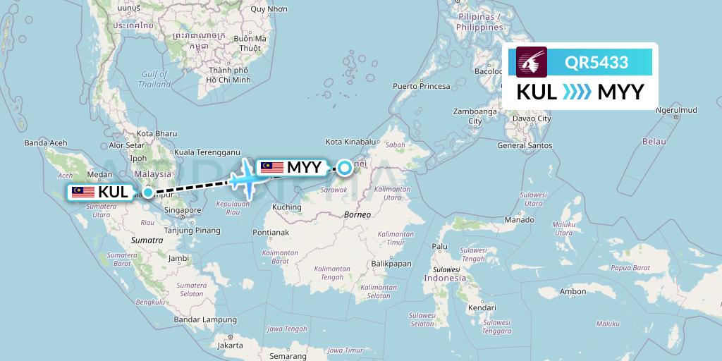 QR5433 Qatar Airways Flight Map: Kuala Lumpur to Miri
